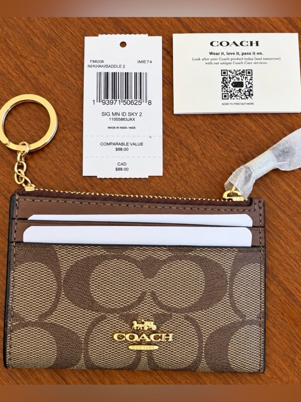 Coach Wallet Mini Skinny ID Case Brown Signature with Gold Key Ring **NWT**